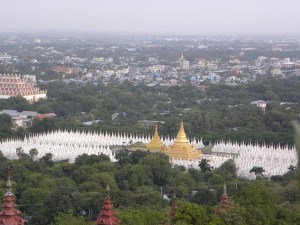 View of Sandamuni Paya from Mandalay Hill [each of the white stupas contains a marble slab with a page of the Tripitaka]