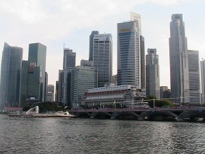 Singapore skyline with Merlion fountain righthand corner - (2008)
